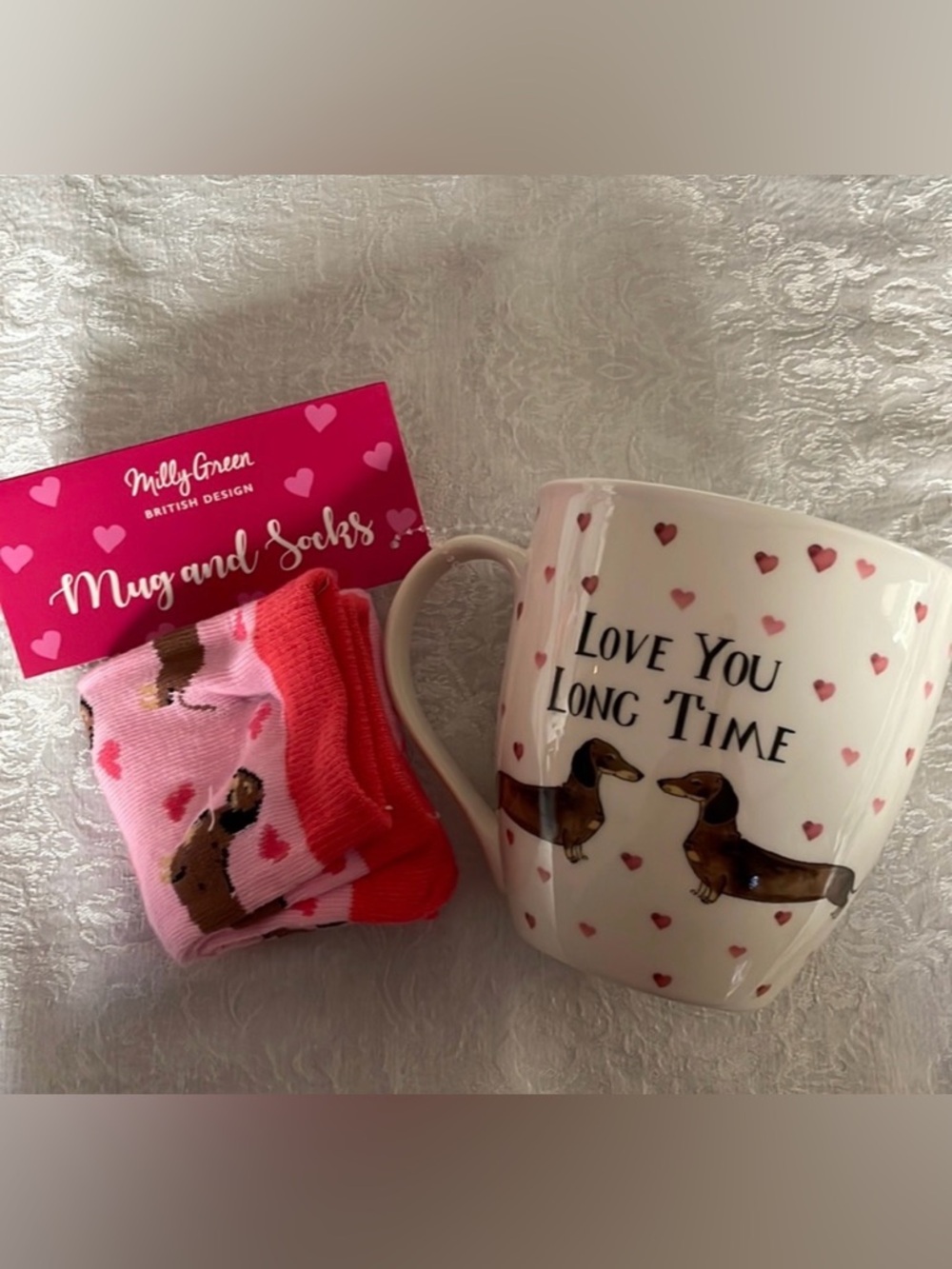 Dachshund Valentine’s Day large mug and sox combo